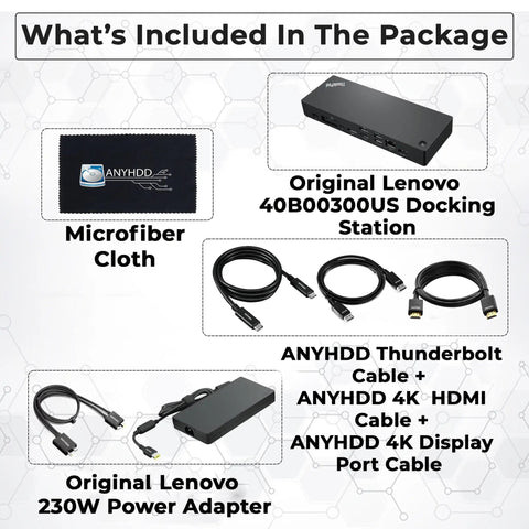 Badass Thunderbolt 4 Docking Station Bundle With Strong 300W Adapter For Zero Stress 4K Dual Screen Setup Plug And Play Usb C Displayport Hdmi Cable Kit Plus Microfiber Rag For Your Pro Moves package including docking station, cables, and microfiber cloth.