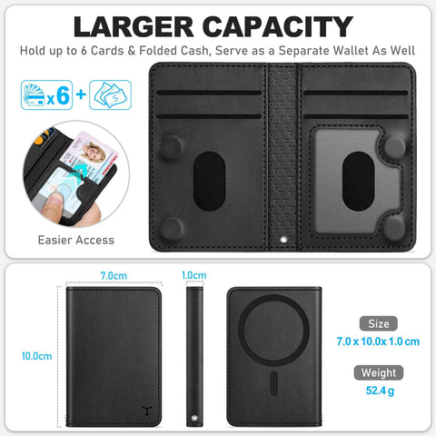 MagSafe Wallet For Men Women With 6 Card Slots And RFID Blocking Clear ID Window PU Leather Folio Magnetic Phone Wallet For iPhone 12 Through 17 Series Black For Daily Use, open view with card slots and ID window.