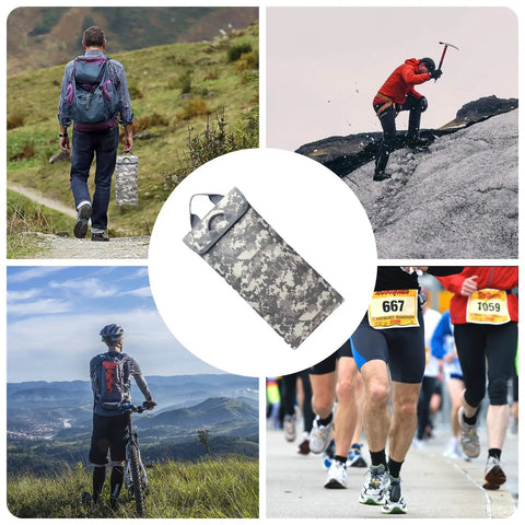 Collage showing Go-To Hydration Bladder Carrier With 2 To 2.5L Water Reservoir in various outdoor activities.