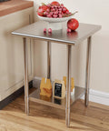 NSF Certified Stainless Steel Prep Table With Adjustable Undershelf 24 By 24 Inch Tabletop Heavy Duty Work Table in kitchen