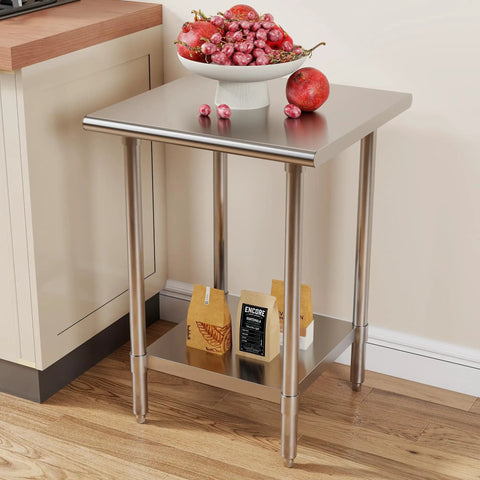 NSF Certified Stainless Steel Prep Table With Adjustable Undershelf 24 By 24 Inch Tabletop Heavy Duty Work Table in kitchen