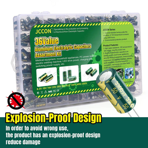 Dope 925Pcs Electrolytic Capacitors Kit With 36 Values In A Clear Plastic Case, Aluminum Caps, Explosion-Proof Design Visible