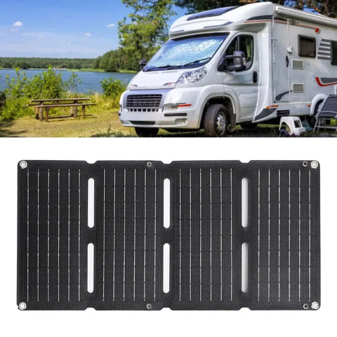 80W Folding Solar Panel With Monocrystalline Cells Grab And Go Portable Solar Charger For Travel And Camping Fast Dual USB Output Lightweight And Easy To Pack Outdoor Power On The Go displayed in front of an RV at a campsite.