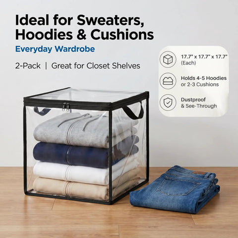Ultra Clear Storage Bags 2 Pack 17.7 Inches For Shoes And Tools Waterproof PVC Vinyl With Side Handles See Through Organizer holding folded clothes