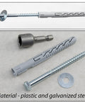 Heavy Duty Nylon Countersunk Flange Dowels 10mm x 100mm, 12 Screws 7mm x 100mm, Large Washers for M8 Bolts, and a One Quarter Inch Hex Socket Bit, 12 Piece Fastener Set for DIY, Wood, and Metal Projects. Nylon wall anchor, screw, washer, and hex bit on white background.