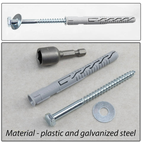 Heavy Duty Nylon Countersunk Flange Dowels 10mm x 100mm, 12 Screws 7mm x 100mm, Large Washers for M8 Bolts, and a One Quarter Inch Hex Socket Bit, 12 Piece Fastener Set for DIY, Wood, and Metal Projects. Nylon wall anchor, screw, washer, and hex bit on white background.