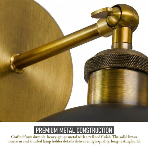 Close-up of Industrial Dome Wall Sconce, White, 180° Adjustable Vintage Wall Light showing brass tone arm and round mount.