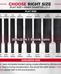 2 In 1 Heat Shrink Braided Sleeving Fabric Tubing Kit Half Inch Inner Diameter, 22 Feet Long, size chart showing flat and shrunk diameters