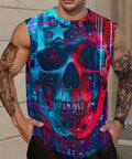 Mens Sick American Flag Skull Tank Top Summer Sleeveless Graphic Tee worn by a man with tattoos, lightweight for gym and beach.