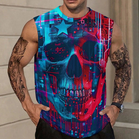 Mens Sick American Flag Skull Tank Top Summer Sleeveless Graphic Tee worn by a man with tattoos, lightweight for gym and beach.