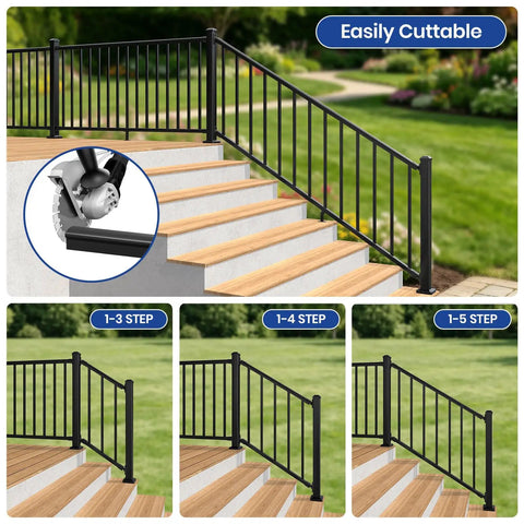 Hella Secure Aluminum Stair Railing Kit 2 Pack Includes Four Thirty Nine Inch Posts with adjustable brackets on steps.