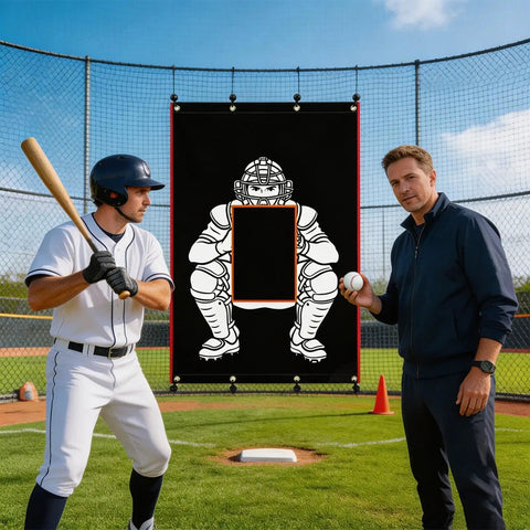 Heavy Duty Baseball Batting Cage Backstop Cloth With Strike Zone Visual, Weather Resistant Backyard Practice Backdrop 122x183cm setup