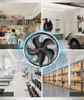 Industrial 16 Inch Indoor Outdoor Wall Mount Fan With Remote Pro Grade Waterproof Oscillating Heavy Duty DC Motor 8 Speeds High Velocity Cooling For Garage Patio Gym Warehouse shown in multiple settings.
