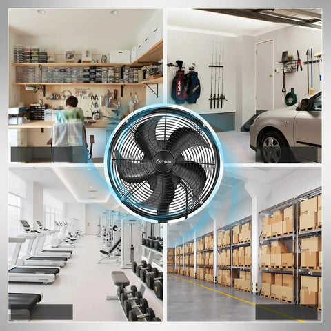 Industrial 16 Inch Indoor Outdoor Wall Mount Fan With Remote Pro Grade Waterproof Oscillating Heavy Duty DC Motor 8 Speeds High Velocity Cooling For Garage Patio Gym Warehouse shown in multiple settings.