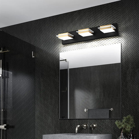 Black 4 Light Vanity LED Bathroom Light Fixture For Modern Homes mounted above mirror in stylish black bathroom