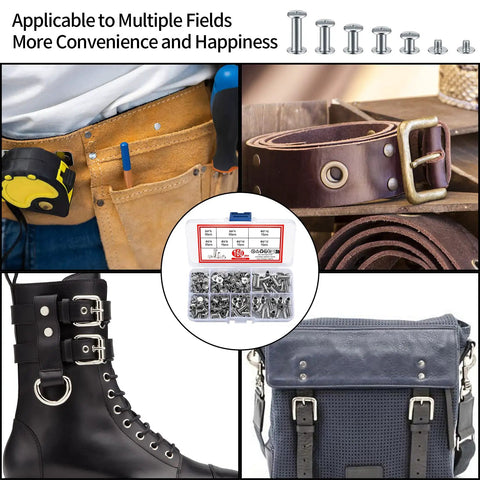 Hella Durable 160 Piece Chicago Screw And Binding Post Set Crafted For Heavy Duty Leather Projects And Photo Book Binding Featuring M4 M5 Size Compatibility With Anti Rust Nickel Finish displayed in various leather projects.
