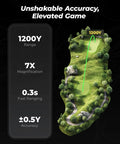 Golf course map with 1200Y range displayed, highlighting features of Golvia Pro Golf Range Finder 1200 Yards With OLED Display And 7X Magnification TriMeasure Slope On Off Flag Lock Vibration Magnetic Mount Rechargeable Battery Fog Resistant For Precise Yardage And Shots