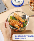 Glass Bowls Set Of Four With Lids, 1, 2, 4 And 7 Cup Sizes, shown with salad for lunch, clear glass for easy viewing
