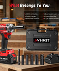 Straight Up Powerhouse 3/8 Inch Cordless Impact Wrench With Brushless Motor accessories including battery, charger, wrench, sockets in a custom case.