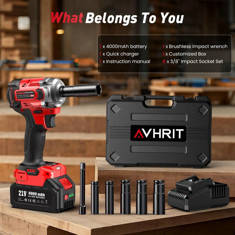 Straight Up Powerhouse 3/8 Inch Cordless Impact Wrench With Brushless Motor accessories including battery, charger, wrench, sockets in a custom case.