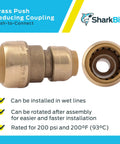 3/4 Inch To 1/2 Inch Reducing Push To Connect Brass Plumbing Fitting For PEX Copper CPVC PE RT HDPE Pipe No Solder