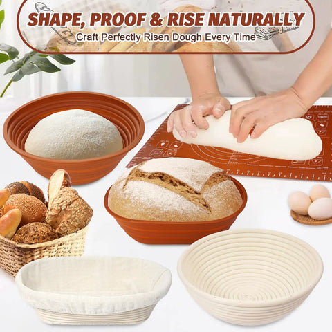 All In One Sourdough Starter Kit With Enamel Cast Iron Pot For Pro Style Bread Baking Complete Supplies shown with proofing baskets.