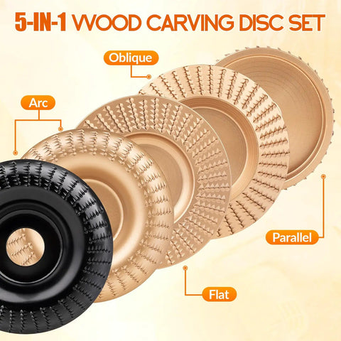 5 Piece Wood Carving Disc Set For Angle Grinder With 4 Inch And 4.5 Inch Attachments, showing five different disc types