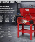 Heavy Duty 20 Gallon Portable Cabinet Parts Washer With Electric Solvent Pump showing steel frame, high-flow pump, cleaning components in garage.