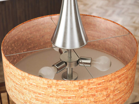 Bulletin 3 Light Pendant With Cork Shade In Brushed Steel Finish Delivers Modern Ambient Lighting, close-up of light bulbs inside shade