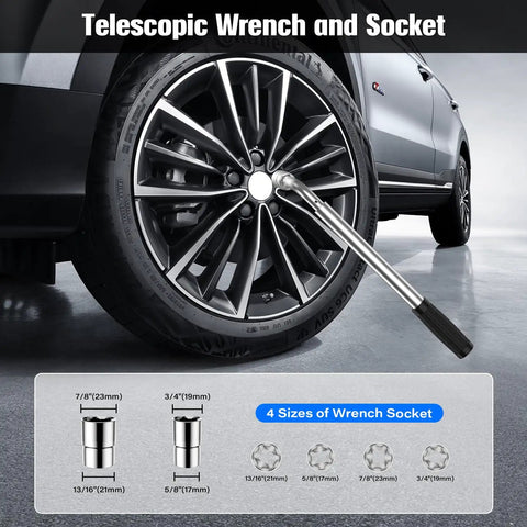 Heavy Duty Three Ton Scissor Car Jack 6614 Pound Capacity with Telescopic Wrench by a sleek black tire.