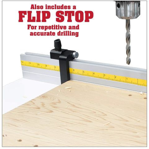 Deluxe Drill Press Table With Precision Tilt Adjustable Fence System, wooden drill table, flip stop feature, metal drill bit