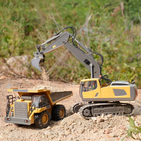 Remote Control Dump Truck Toy With Metal Bed And Lights And Sounds, Real Tilting Dump Bed in outdoor play with yellow excavator.