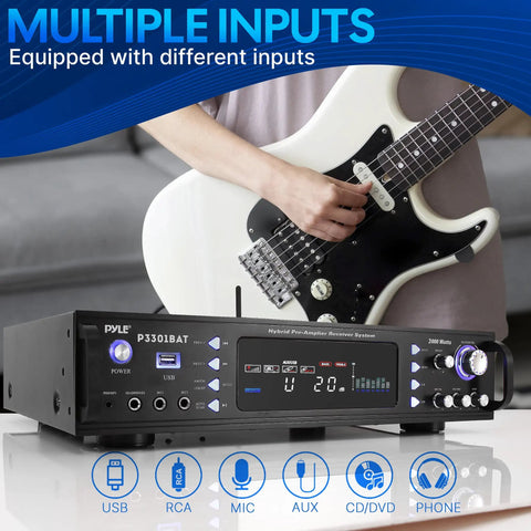 Musician with guitar using Beast Bluetooth Home Stereo Amplifier With 3000 Watts Max Power 1500 Watts RMS Multi Channel Receiver