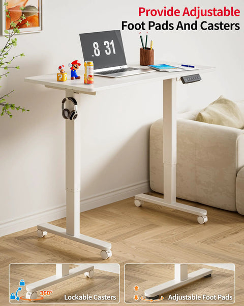 Electric Standing Desk With Adjustable Height And Memory Presets Heavy Duty Steel Base Rolling Casters For Office Gaming Home Setup 48X24 Inches White showing adjustable foot pads and casters.