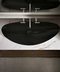 Modern Trough Vessel Bathroom Sink With Asymmetrical Oval Basin Double Faucet Ready Wall Mount Or Countertop Setup smooth design on marble surface.