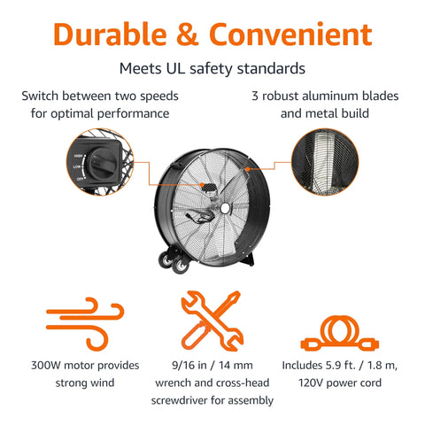 Heavy-Duty 30 Inch High-Velocity Drum Fan With Metal Housing, 300W Power, UL Certified Safety displayed with specifications and features.