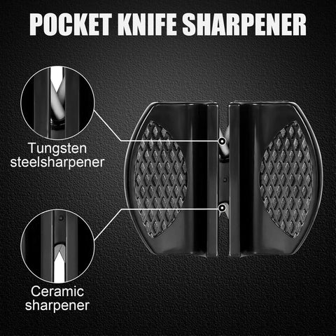 Close-up of Pro Two Piece Fillet Knife Set pocket sharpener with tungsten and ceramic sharpening slots.