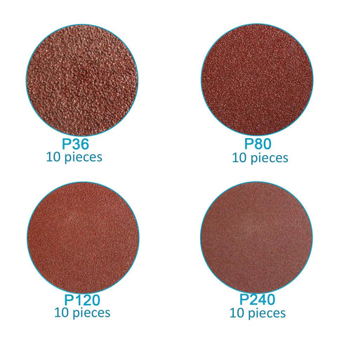 Four types of sanding discs from 58 Piece 3 Inch Quick Change Sanding Disc Set For Die Grinder Surface Prep And Finishing With Aluminum Oxide Abrasives Pro Grade For Sanding Grinding Polishing Rust And Paint Removal On Wood Metal And Plastic