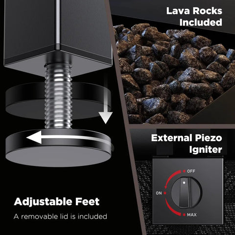 Adjustable feet and lava rocks on 28 Inch Propane Fire Pit Table With 50000 BTU Heat Output CSA Certified Outdoor Gas Fire Pit.