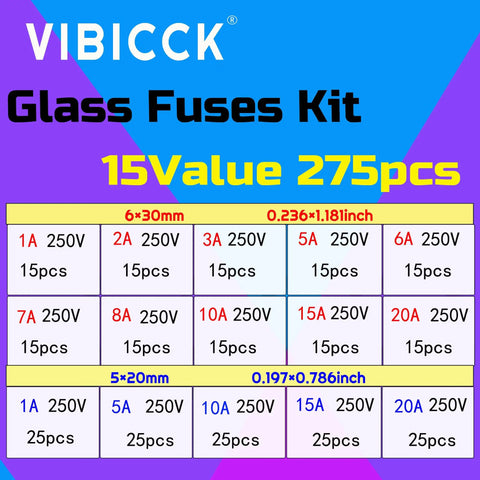Chart of Fast Burning Glass Fuse Kit 275 Pieces With 15 Values 6x30mm and 5x20mm fuses for DIY electronics projects