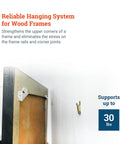 Rock Solid Self Leveling Sawtooth Picture Frame Wall Hangers For Wood Art Displays With No Hassle Easy Install Hardware Kit Holds Up To Thirty Pounds Super Legit Five Piece Set, close-up of hanging system with bracket and wall hook.