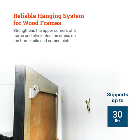 Rock Solid Self Leveling Sawtooth Picture Frame Wall Hangers For Wood Art Displays With No Hassle Easy Install Hardware Kit Holds Up To Thirty Pounds Super Legit Five Piece Set, close-up of hanging system with bracket and wall hook.
