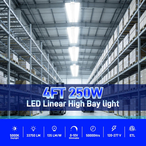 2 Pack 4ft 250W LED Linear High Bay Shop Light With 33750 Lumens, 135 Lumens Per Watt, 5000K Daylight, 120-277V, 0-10V Dimmable, Beast Bright Performance, Energy Saving Warehouse Workshop Hanging Light