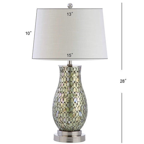 Dope Green Mosaic LED Table Lamp With Iron Base And White Linen Drum Shade Coastal Traditional Style Nickel Accents UL Listed LED Bulb Included 28 Inch Tall