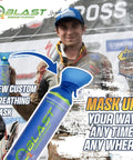 99.99 Percent Pure Oxygen On The Go Can With Mask held by athlete in a race setting, featuring durable portable design for sports use.