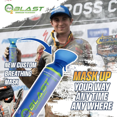 99.99 Percent Pure Oxygen On The Go Can With Mask held by athlete in a race setting, featuring durable portable design for sports use.