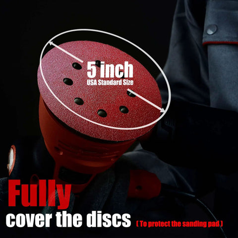 5 Inch 8 Hole Orbital Sanding Discs Set on sander showing size and hole configuration
