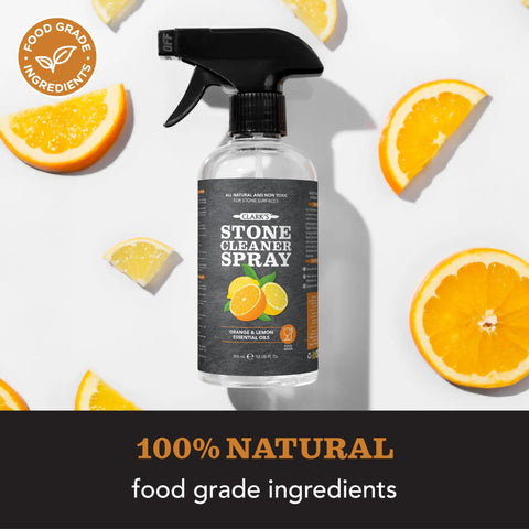 Natural Stone Daily Cleaner And Wax Care Kit For Soapstone Slate And Concrete Surfaces spray bottle with lemon and orange.