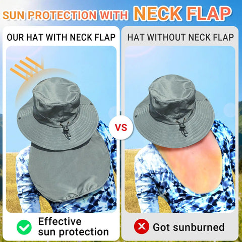 Comparison of Sun Hat For Men And Women With Neck Flap UPF 50 UV Protection Wide Brim Safari Style showing sun protection effect.