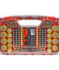 Front view of Battery Daddy Storage And Organizer Case With Built In Tester That Holds Up To 180 Batteries, clear locking lid, red handle.